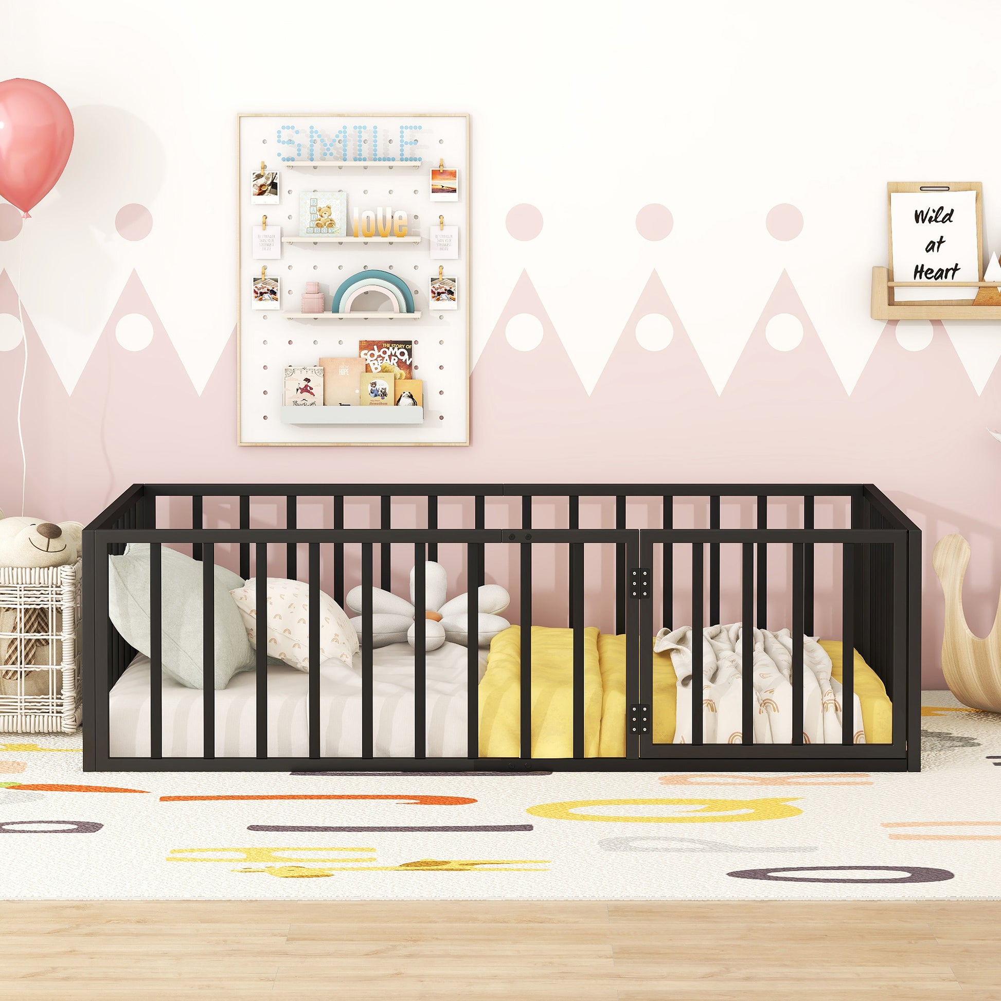 Twin Size Metal Floor Bed Frame With Fence And Door, Black Black Metal