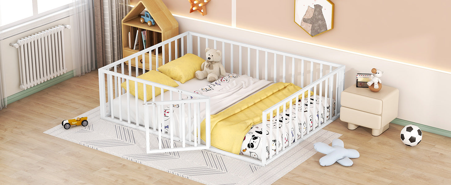 Queen Size Metal Floor Bed Frame With Fence And Door, White White Metal
