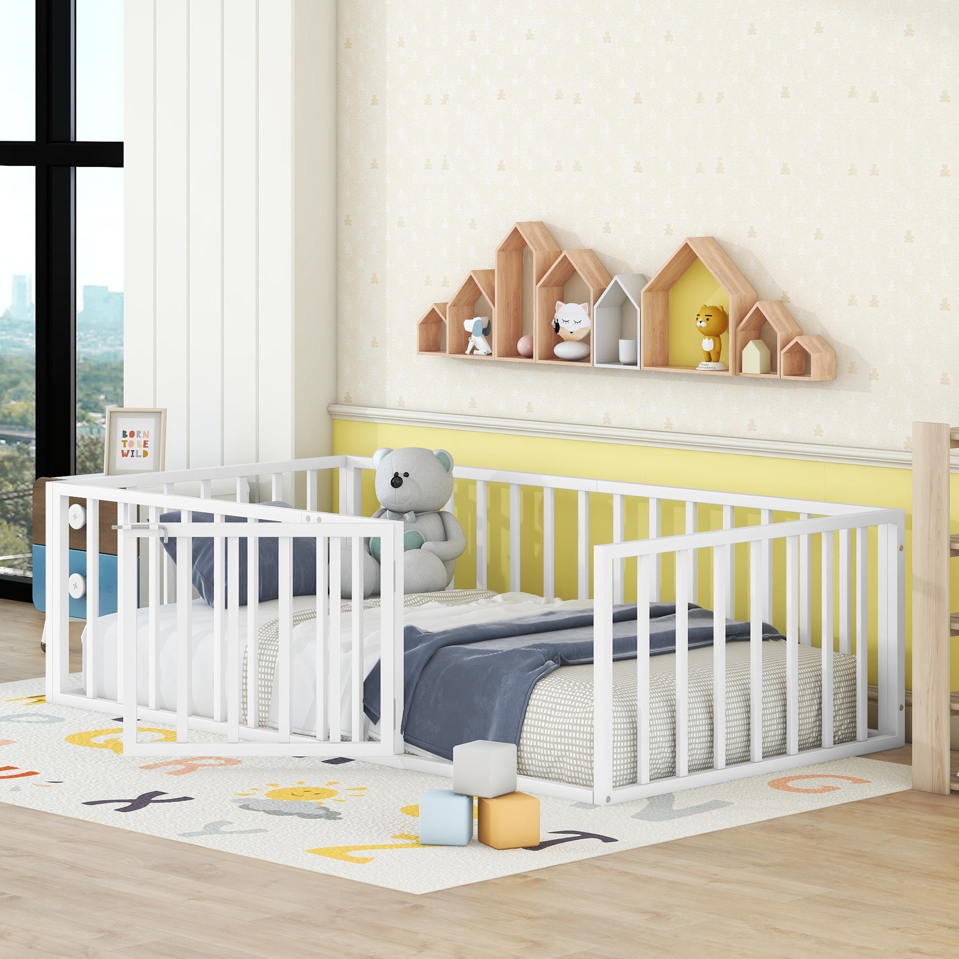 Twin Size Metal Floor Bed Frame With Fence And Door, White White Metal