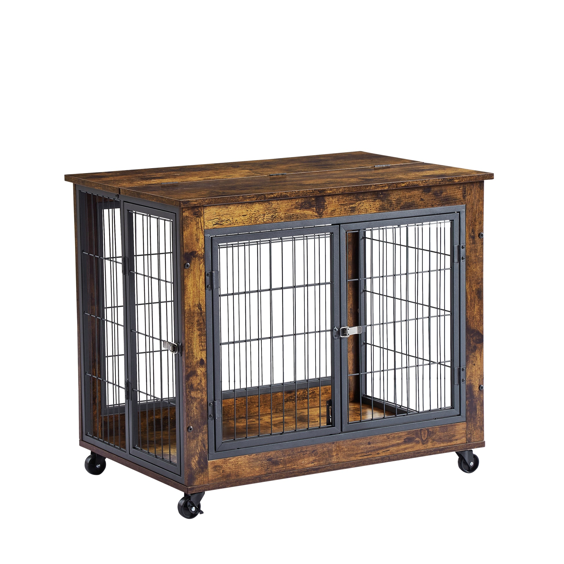 Furniture Style Dog Crate Side Table On Wheels With Double Doors And Lift Top. Rustic Brown, 31.50'' W X 22.05'' D X 25'' H. Rustic Brown Particle Board