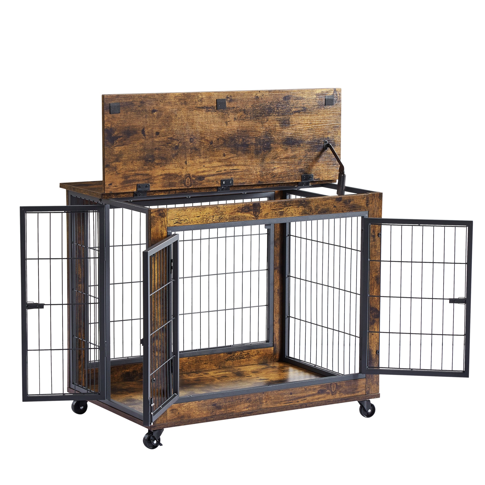 Furniture Style Dog Crate Side Table On Wheels With Double Doors And Lift Top. Rustic Brown, 31.50'' W X 22.05'' D X 25'' H. Rustic Brown Particle Board