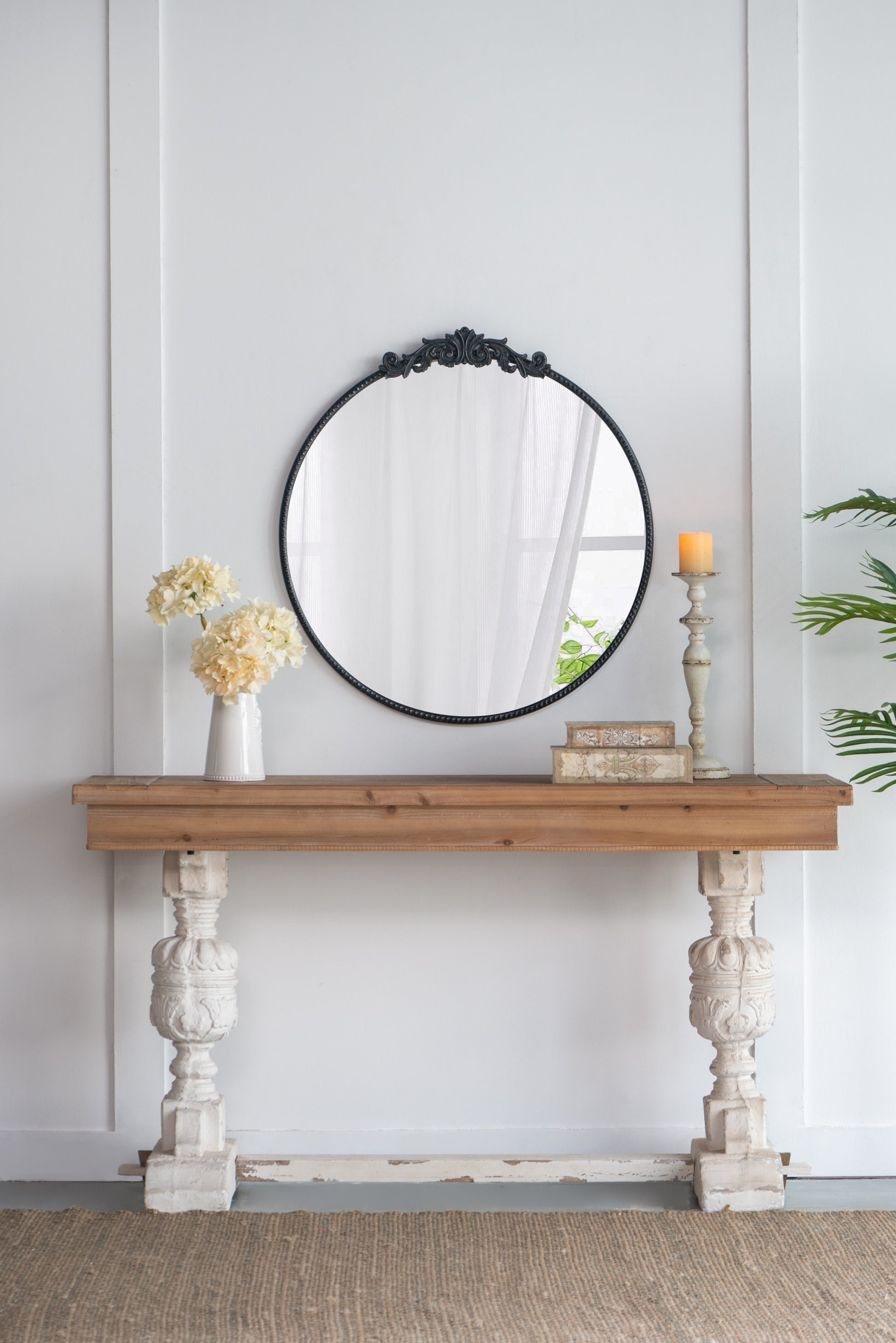 36" X 39" Classic Design Mirror With Round Shape And Baroque Inspired Frame For Bathroom, Entryway Console Lean Against Wall Black Mdf Glass