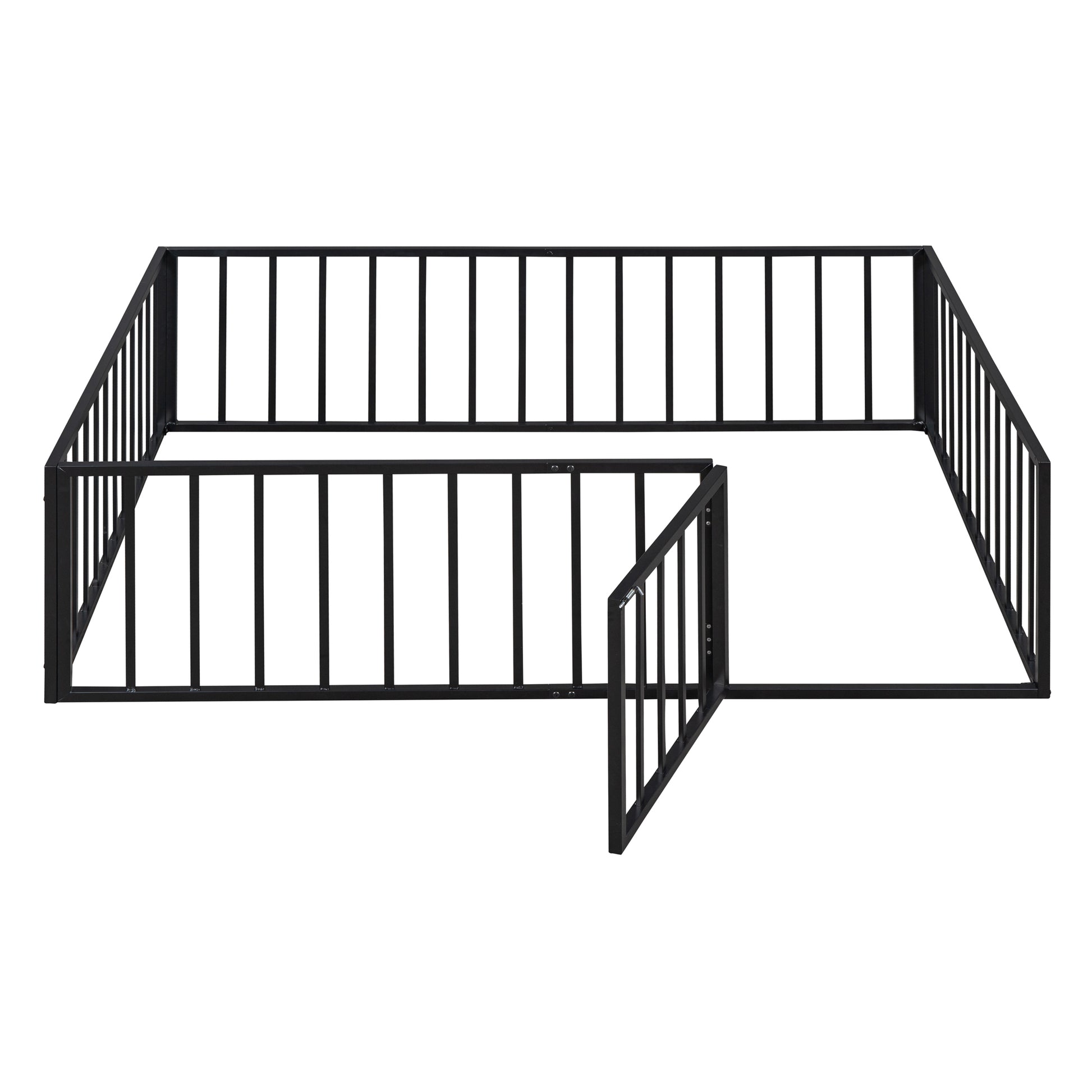 Full Size Metal Floor Bed Frame With Fence And Door, Black Black Metal