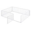 Full Size Metal Floor Bed Frame With Fence And Door, White White Metal