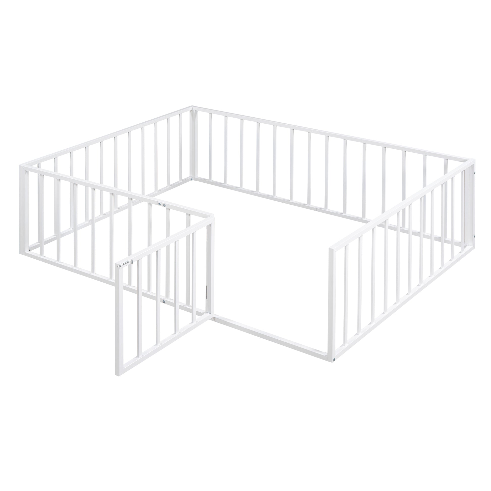 Full Size Metal Floor Bed Frame With Fence And Door, White White Metal