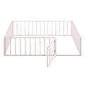 Full Size Metal Floor Bed Frame With Fence And Door, Pink Pink Metal