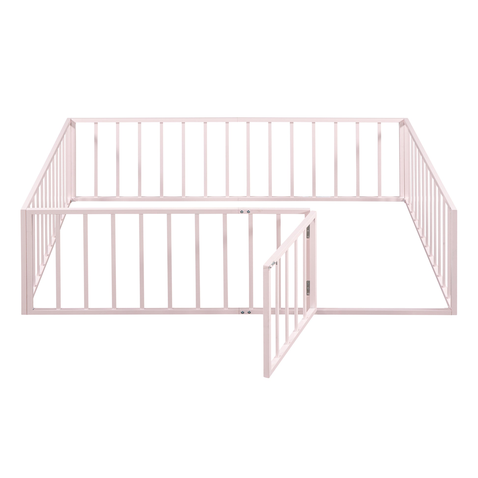 Full Size Metal Floor Bed Frame With Fence And Door, Pink Pink Metal