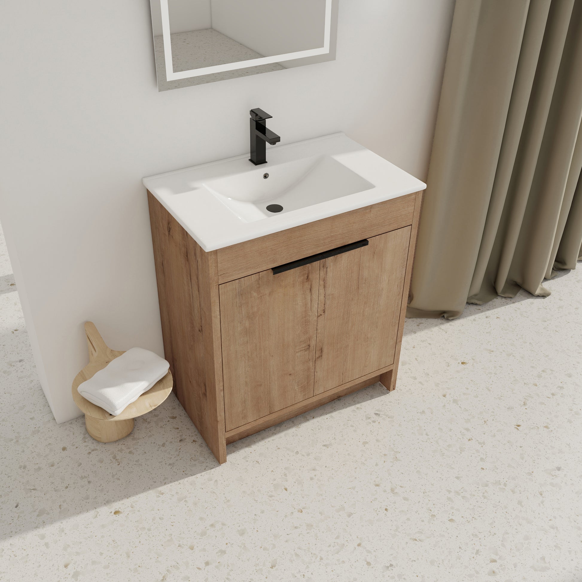 30" Freestanding Bathroom Vanity With White Ceramic Sink & 2 Soft Close Cabinet Doors Kd Packing ,Bvb02430Imo Bl9075B Imitative Oak 2 Bathroom Freestanding Modern Plywood