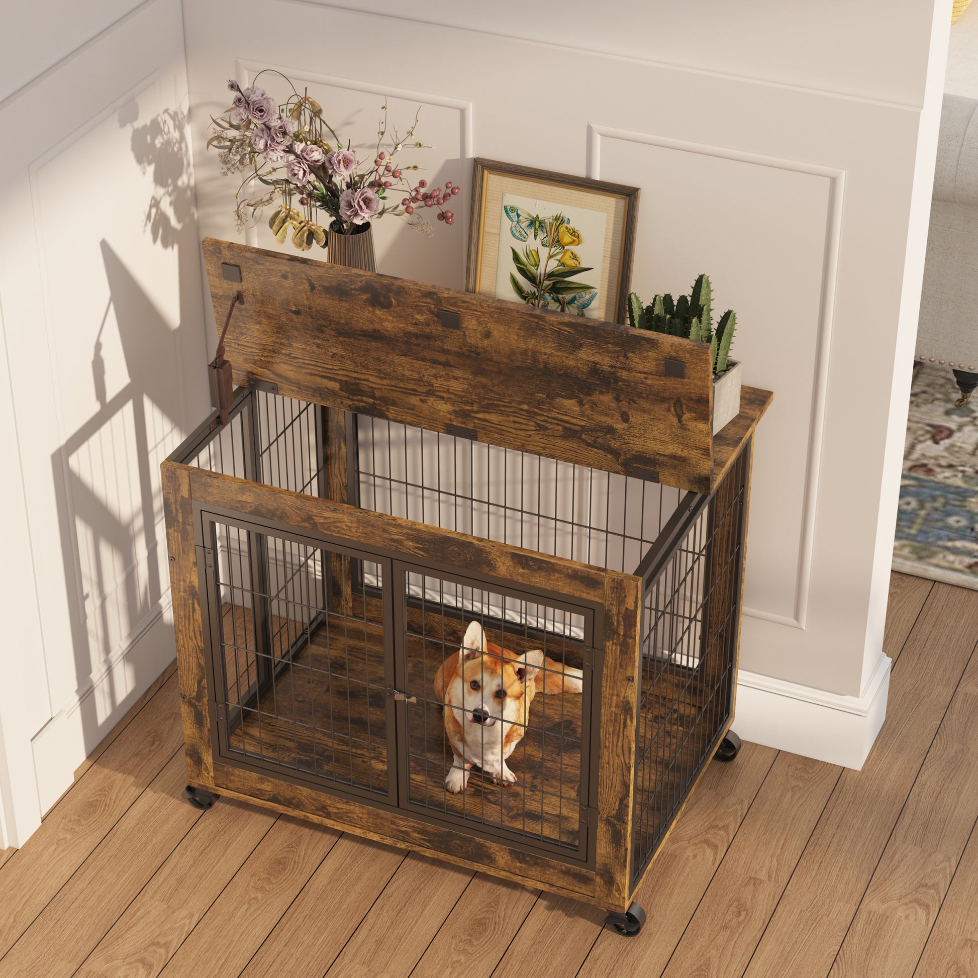 Furniture Style Dog Crate Side Table On Wheels With Double Doors And Lift Top. Rustic Brown, 31.50'' W X 22.05'' D X 25'' H. Rustic Brown Particle Board