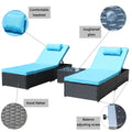 3 Piece Outdoor Patio Furniture Set Chaise Lounge, Patio Reclining Rattan Lounge Chair Chaise Couch Cushioned With Glass Coffee Table, Adjustable Back And Feet, Lounger Chair For Pool Garden, Blue Dark Gray Iron