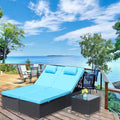 3 Piece Outdoor Patio Furniture Set Chaise Lounge, Patio Reclining Rattan Lounge Chair Chaise Couch Cushioned With Glass Coffee Table, Adjustable Back And Feet, Lounger Chair For Pool Garden, Blue Dark Gray Iron