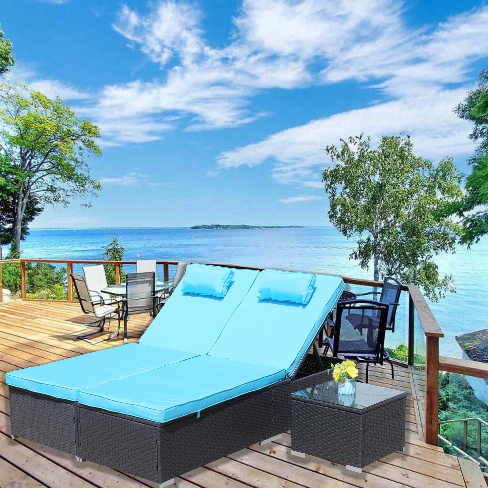 3 Piece Outdoor Patio Furniture Set Chaise Lounge, Patio Reclining Rattan Lounge Chair Chaise Couch Cushioned With Glass Coffee Table, Adjustable Back And Feet, Lounger Chair For Pool Garden, Blue Dark Gray Iron