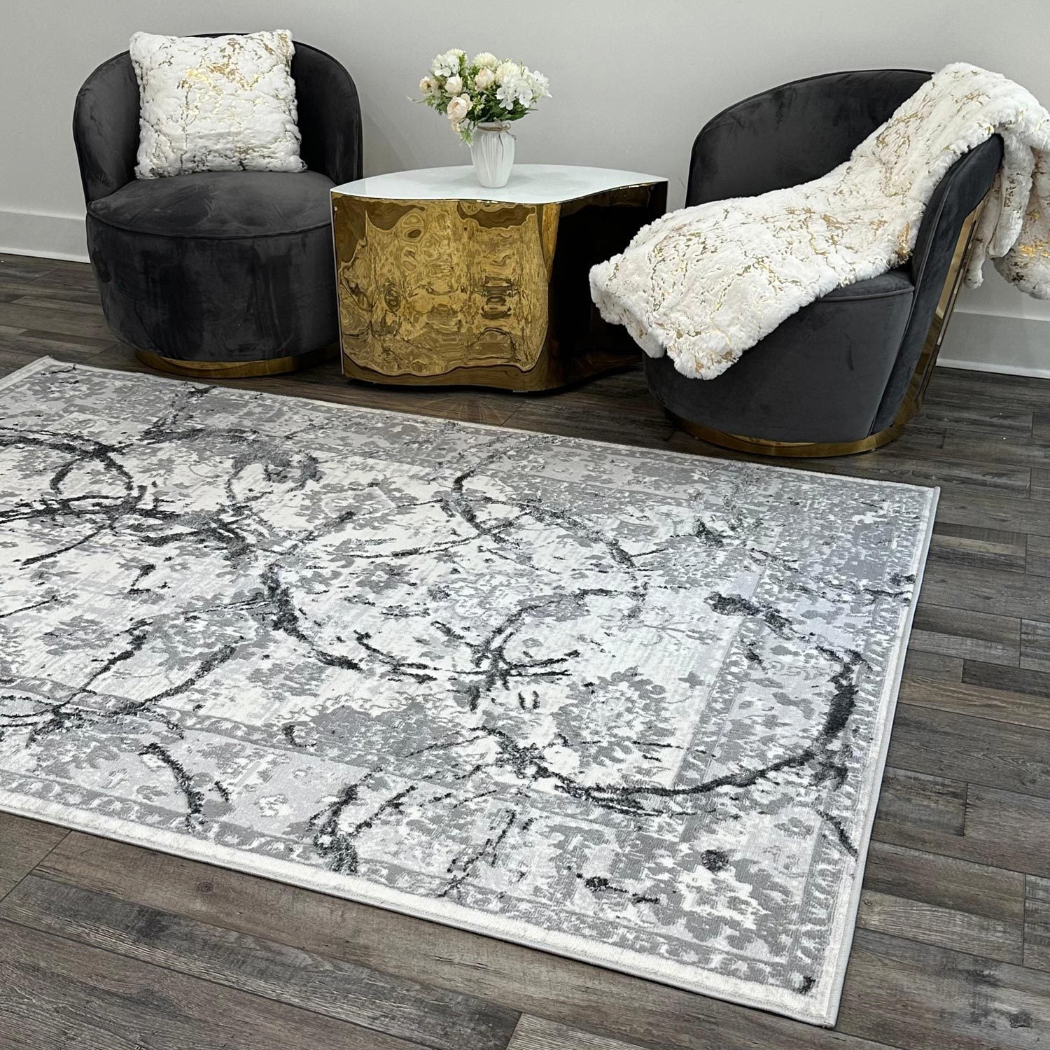 Penina Luxury Area Rug In Gray With Silver Circles Abstract Design Multicolor Polyester