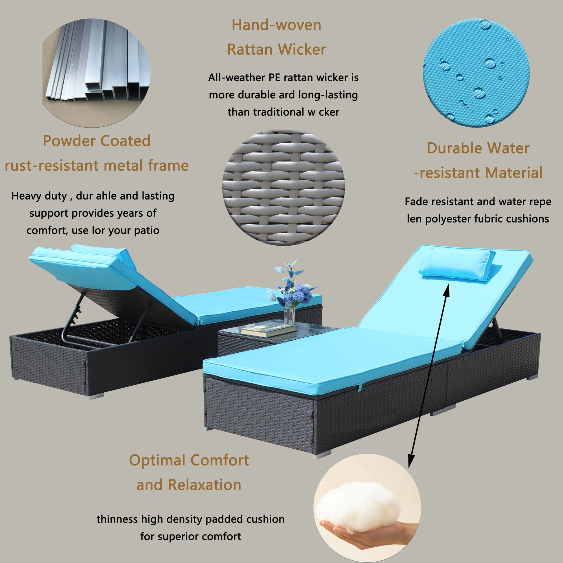 3 Piece Outdoor Patio Furniture Set Chaise Lounge, Patio Reclining Rattan Lounge Chair Chaise Couch Cushioned With Glass Coffee Table, Adjustable Back And Feet, Lounger Chair For Pool Garden, Blue Dark Gray Iron