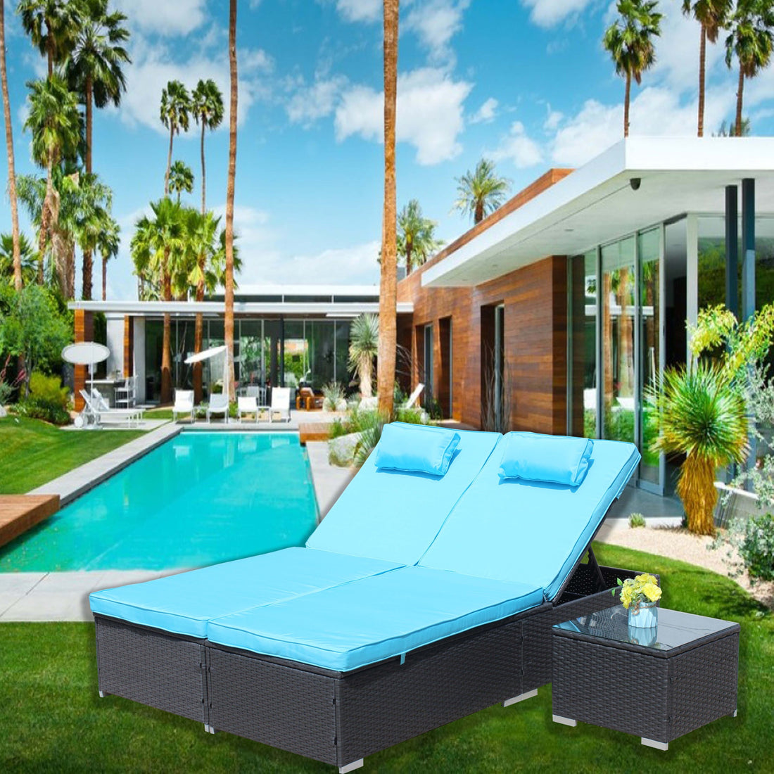 3 Piece Outdoor Patio Furniture Set Chaise Lounge, Patio Reclining Rattan Lounge Chair Chaise Couch Cushioned With Glass Coffee Table, Adjustable Back And Feet, Lounger Chair For Pool Garden, Blue Dark Gray Iron