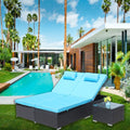 3 Piece Outdoor Patio Furniture Set Chaise Lounge, Patio Reclining Rattan Lounge Chair Chaise Couch Cushioned With Glass Coffee Table, Adjustable Back And Feet, Lounger Chair For Pool Garden, Blue Dark Gray Iron