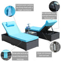3 Piece Outdoor Patio Furniture Set Chaise Lounge, Patio Reclining Rattan Lounge Chair Chaise Couch Cushioned With Glass Coffee Table, Adjustable Back And Feet, Lounger Chair For Pool Garden, Blue Dark Gray Iron