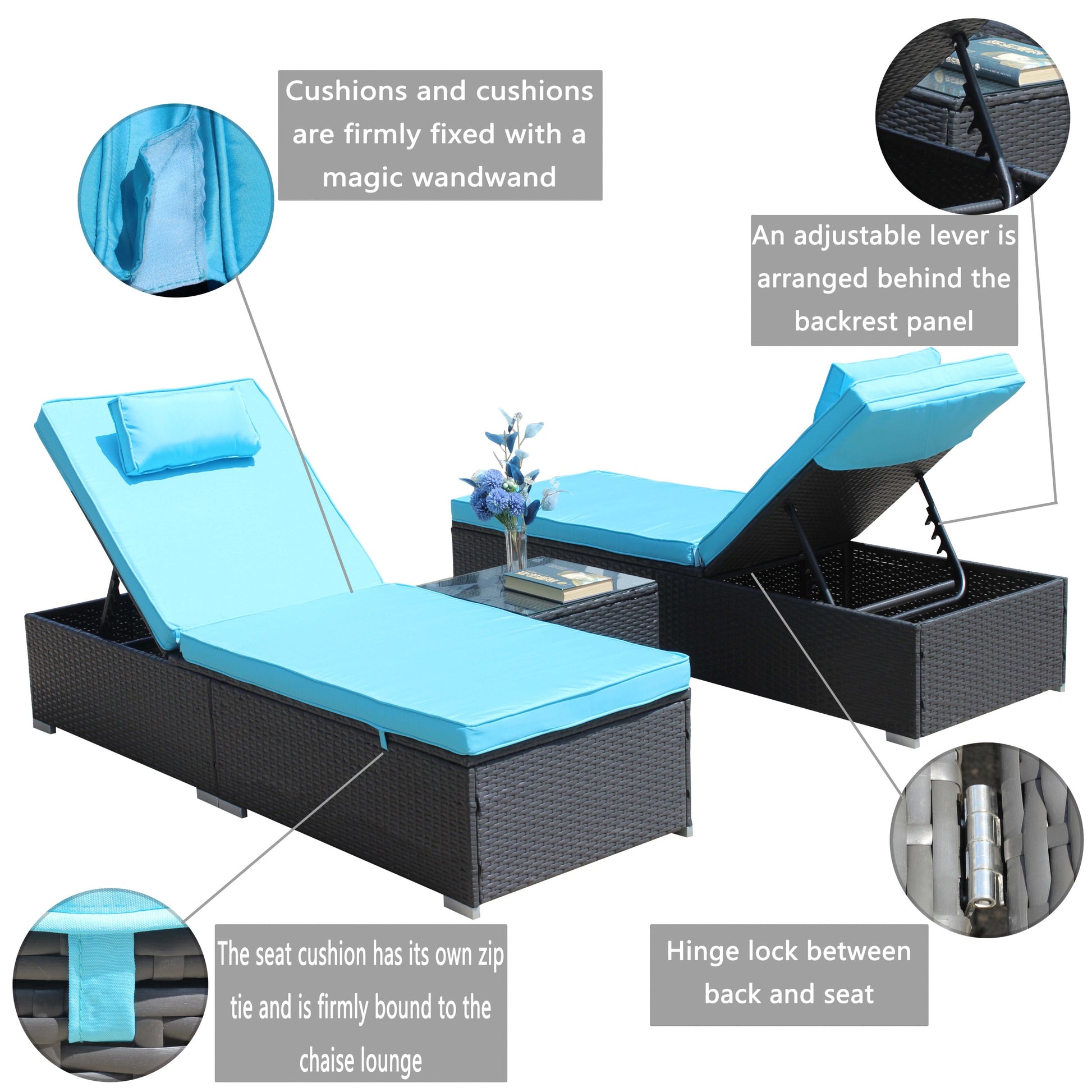 3 Piece Outdoor Patio Furniture Set Chaise Lounge, Patio Reclining Rattan Lounge Chair Chaise Couch Cushioned With Glass Coffee Table, Adjustable Back And Feet, Lounger Chair For Pool Garden, Blue Dark Gray Iron