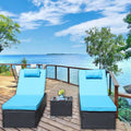 3 Piece Outdoor Patio Furniture Set Chaise Lounge, Patio Reclining Rattan Lounge Chair Chaise Couch Cushioned With Glass Coffee Table, Adjustable Back And Feet, Lounger Chair For Pool Garden, Blue Dark Gray Iron