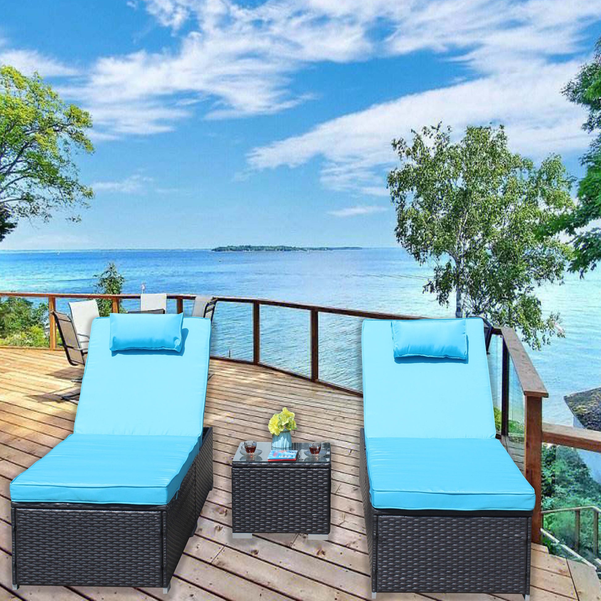 3 Piece Outdoor Patio Furniture Set Chaise Lounge, Patio Reclining Rattan Lounge Chair Chaise Couch Cushioned With Glass Coffee Table, Adjustable Back And Feet, Lounger Chair For Pool Garden, Blue Dark Gray Iron