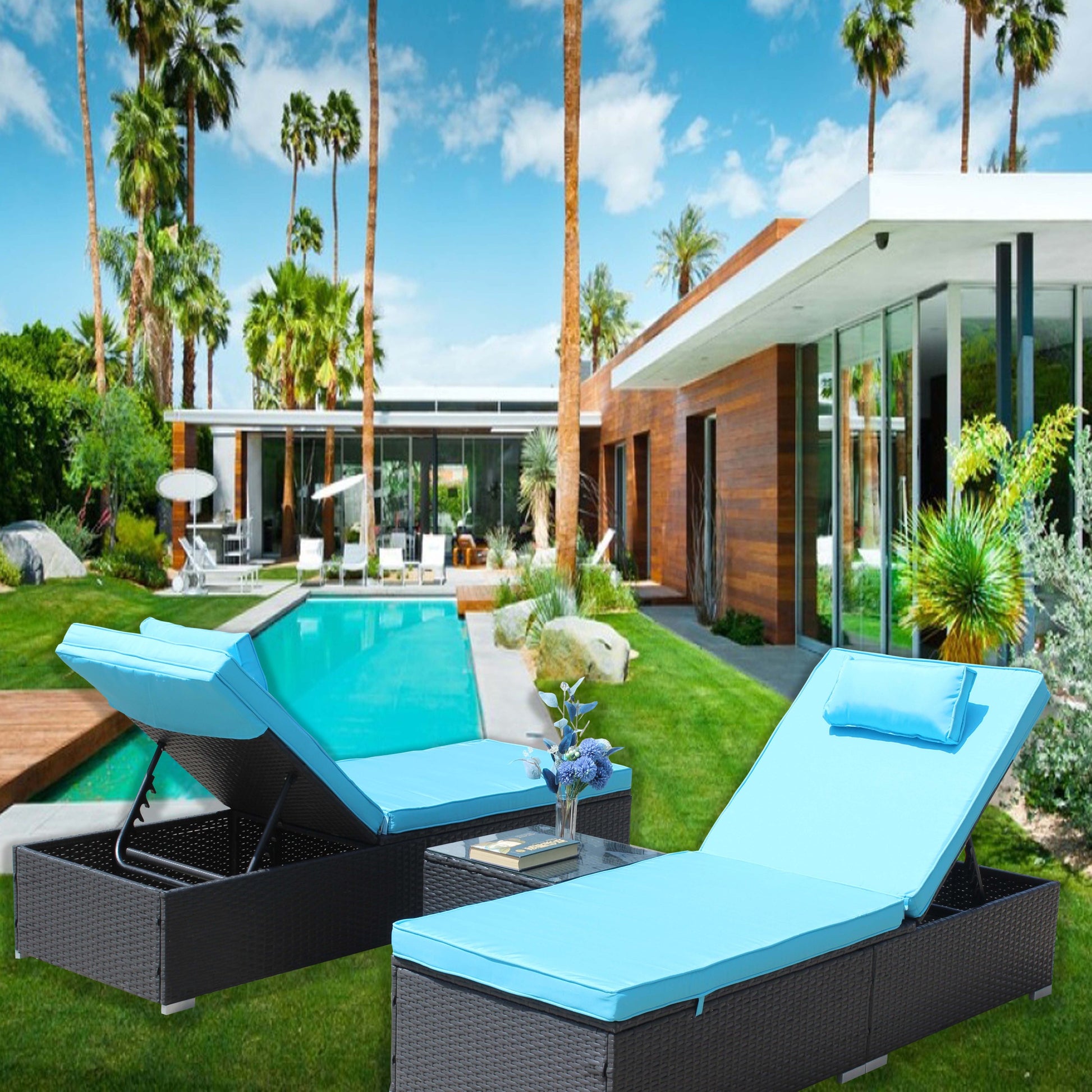 3 Piece Outdoor Patio Furniture Set Chaise Lounge, Patio Reclining Rattan Lounge Chair Chaise Couch Cushioned With Glass Coffee Table, Adjustable Back And Feet, Lounger Chair For Pool Garden, Blue Dark Gray Iron