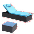 3 Piece Outdoor Patio Furniture Set Chaise Lounge, Patio Reclining Rattan Lounge Chair Chaise Couch Cushioned With Glass Coffee Table, Adjustable Back And Feet, Lounger Chair For Pool Garden, Blue Dark Gray Iron