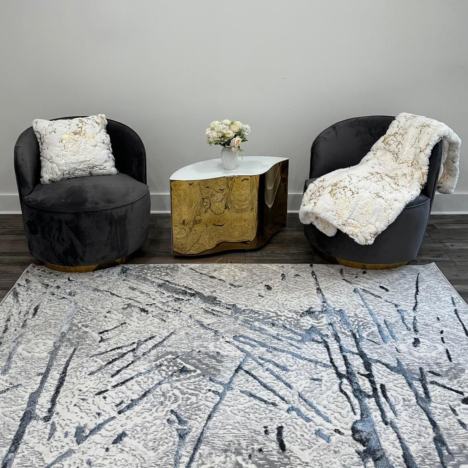 Shifra Luxury Area Rug In Gray With Silver Abstract Design Multicolor Polyester