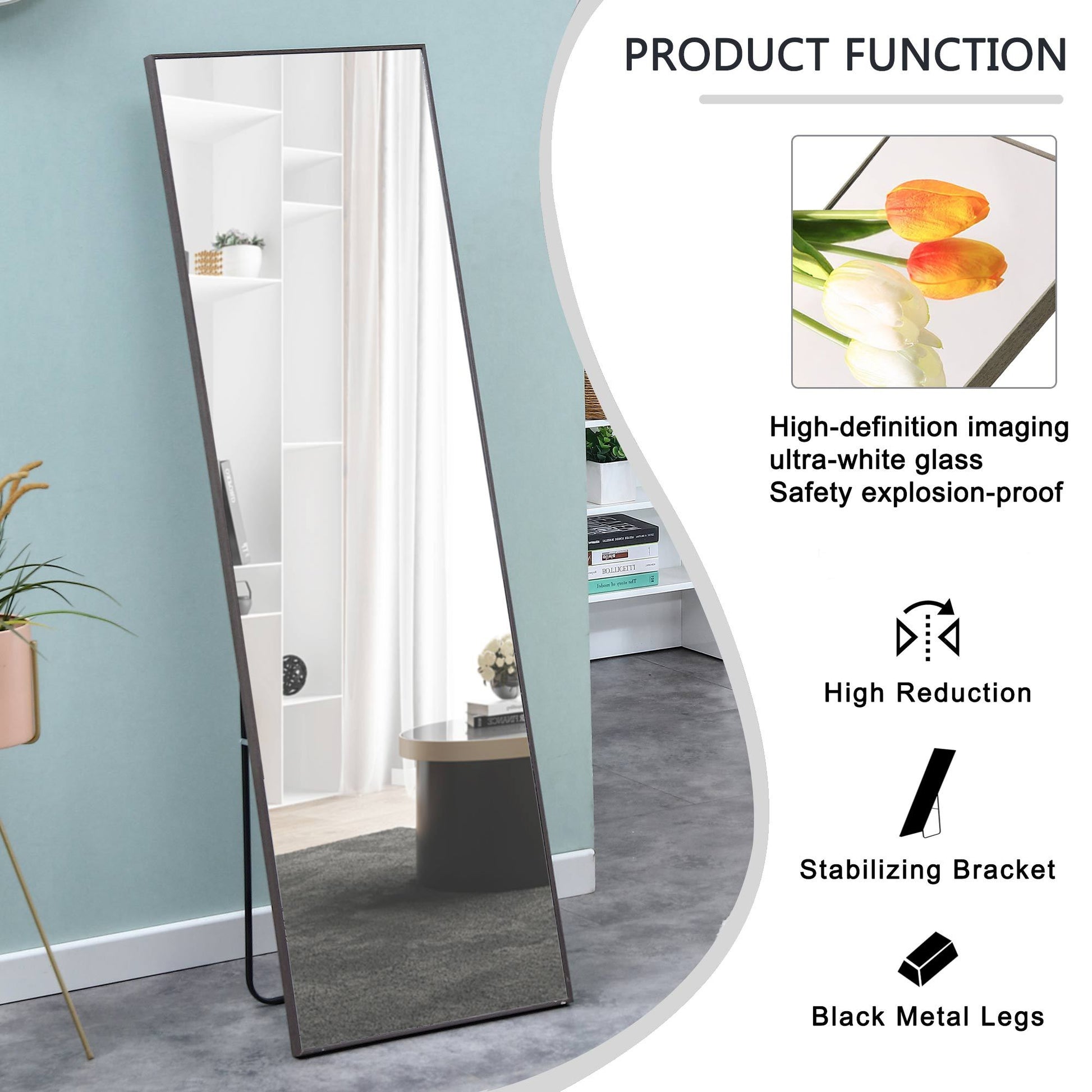 The 4Th Generation Gray Solid Wood Frame Full Body Mirror, Dressing Mirror, Bedroom Porch, Decorative Mirror, Clothing Mirror, Floor Mirror, Wall Mirror. Gray Glass