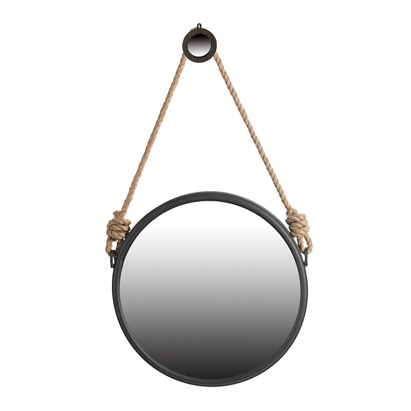 19.5" In Handsome Cleveland Mirror With Rope Strap Contemporary Design Circle Mirror With Grey Round Metal Frame For Wall Decor Bathroom, Entryway Black And Silver Iron