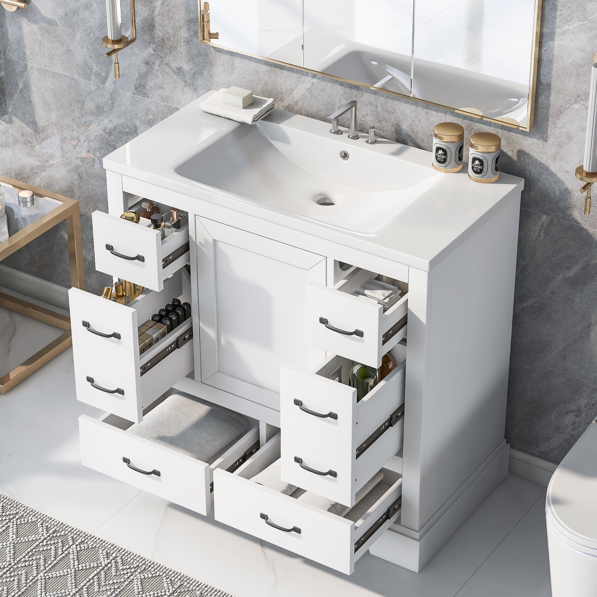36" Bathroom Vanity With Sink Combo, Six Drawers, Multi Functional Drawer Divider, Adjustable Shelf, White White Solid Wood Mdf