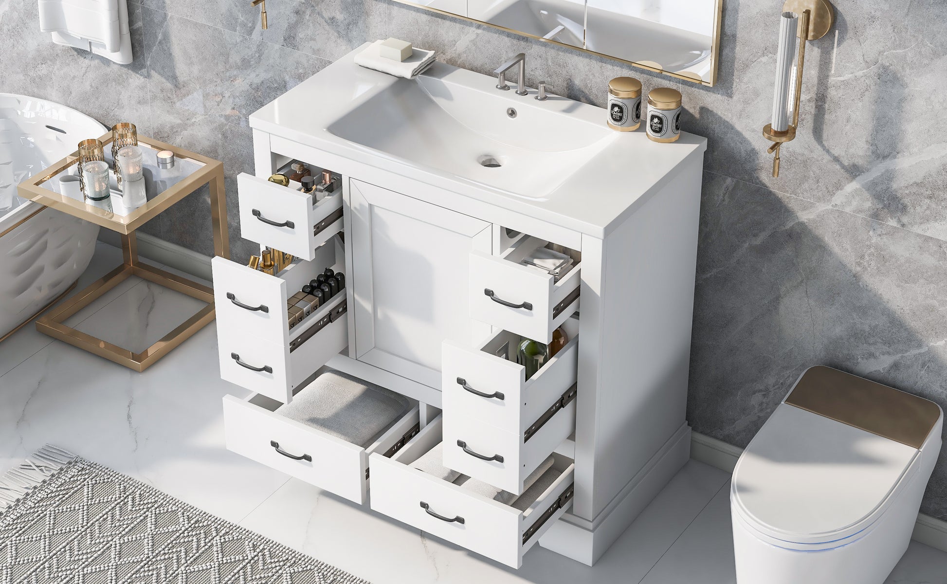 36" Bathroom Vanity With Sink Combo, Six Drawers, Multi Functional Drawer Divider, Adjustable Shelf, White White Solid Wood Mdf