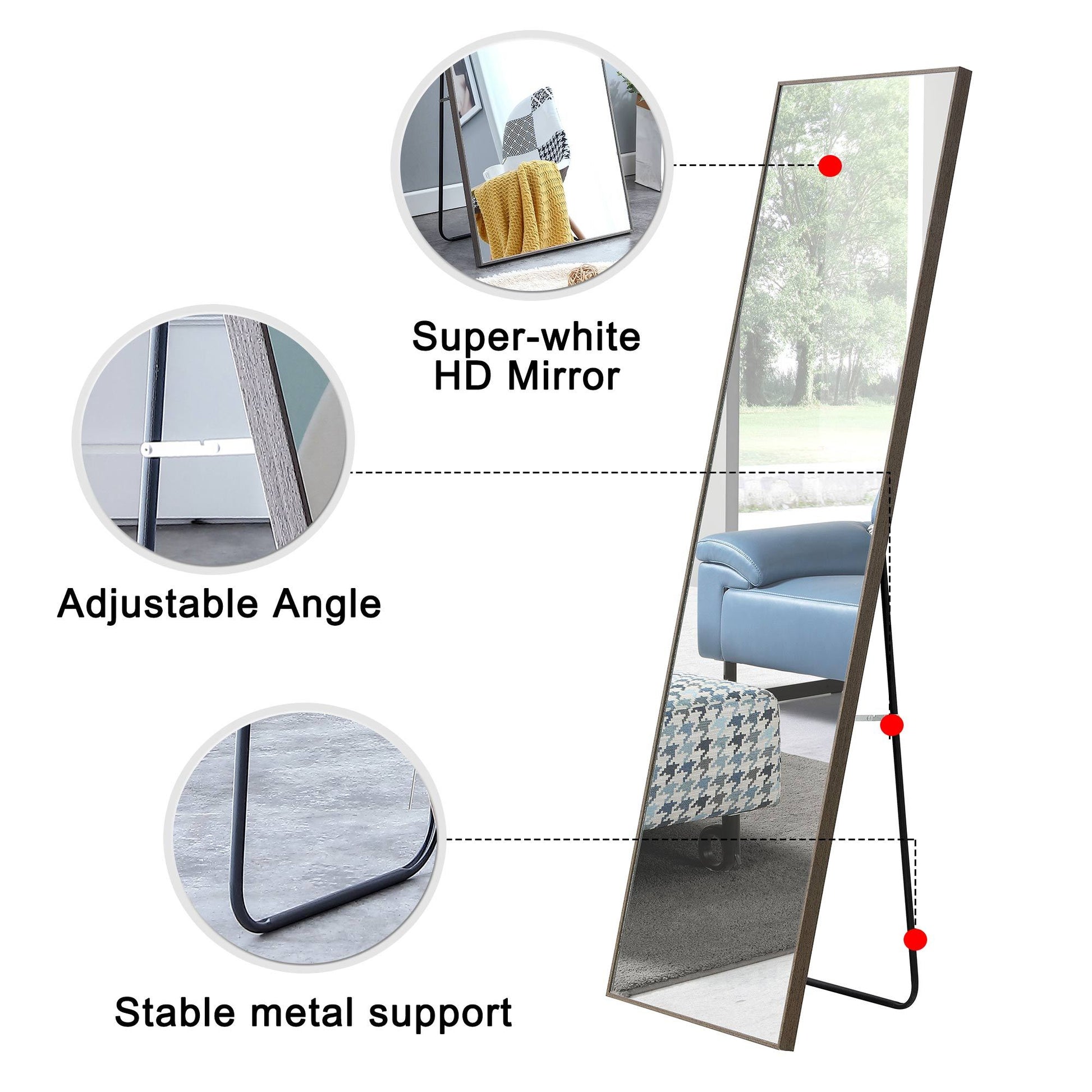 The 4Th Generation Gray Solid Wood Frame Full Body Mirror, Dressing Mirror, Bedroom Porch, Decorative Mirror, Clothing Mirror, Floor Mirror, Wall Mirror. Gray Glass