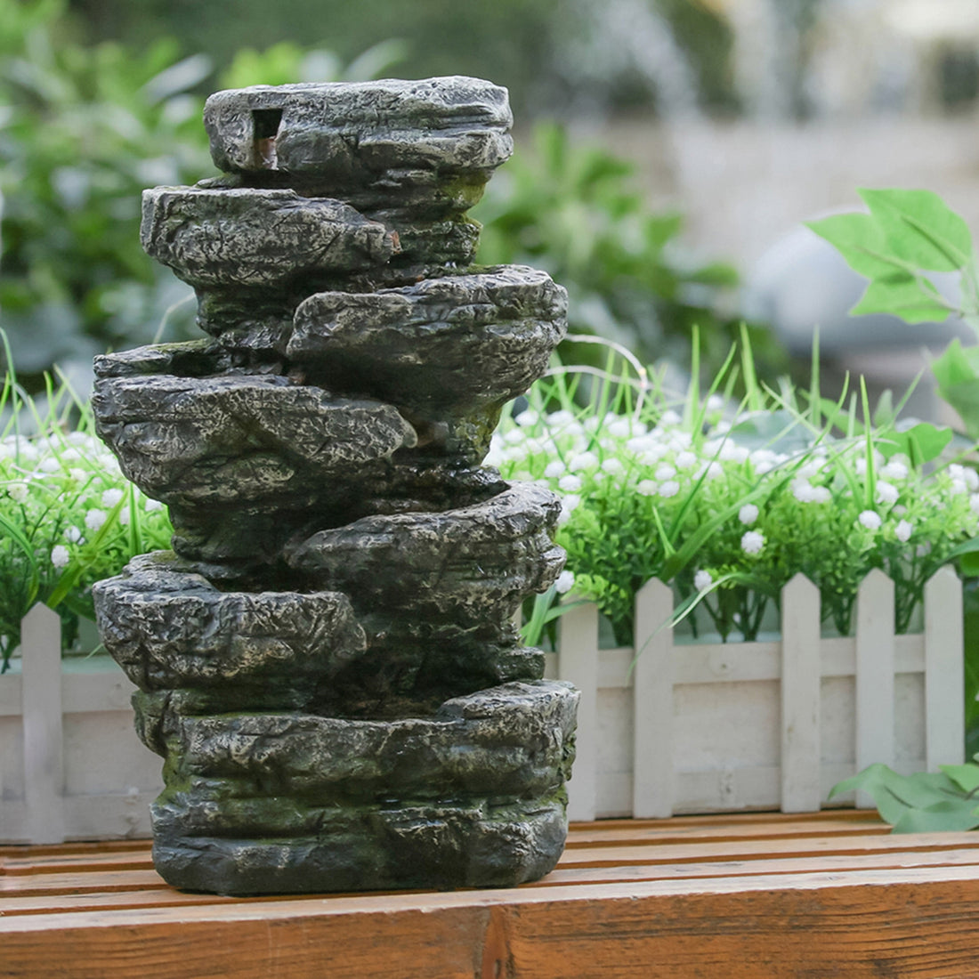 9X5X14" Indoor Gray Stone Look Water Fountain, 7 Tier Polyresin Cascading Rock Tabletop Fountain With Led Light Gray Garden & Outdoor Rustic,Traditional Polyresin