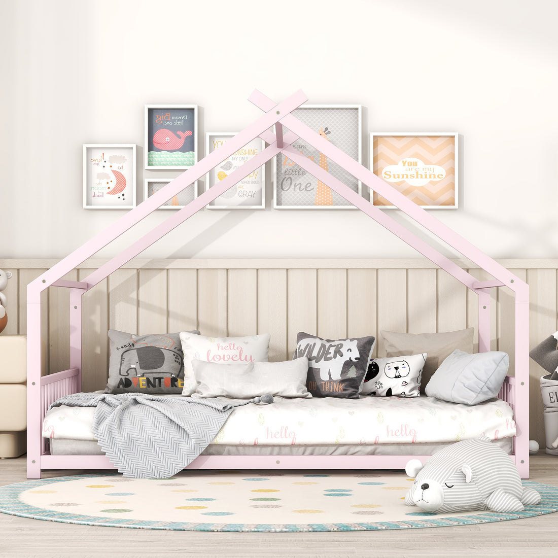 Full Size Metal House Bed, Pink Pink Metal