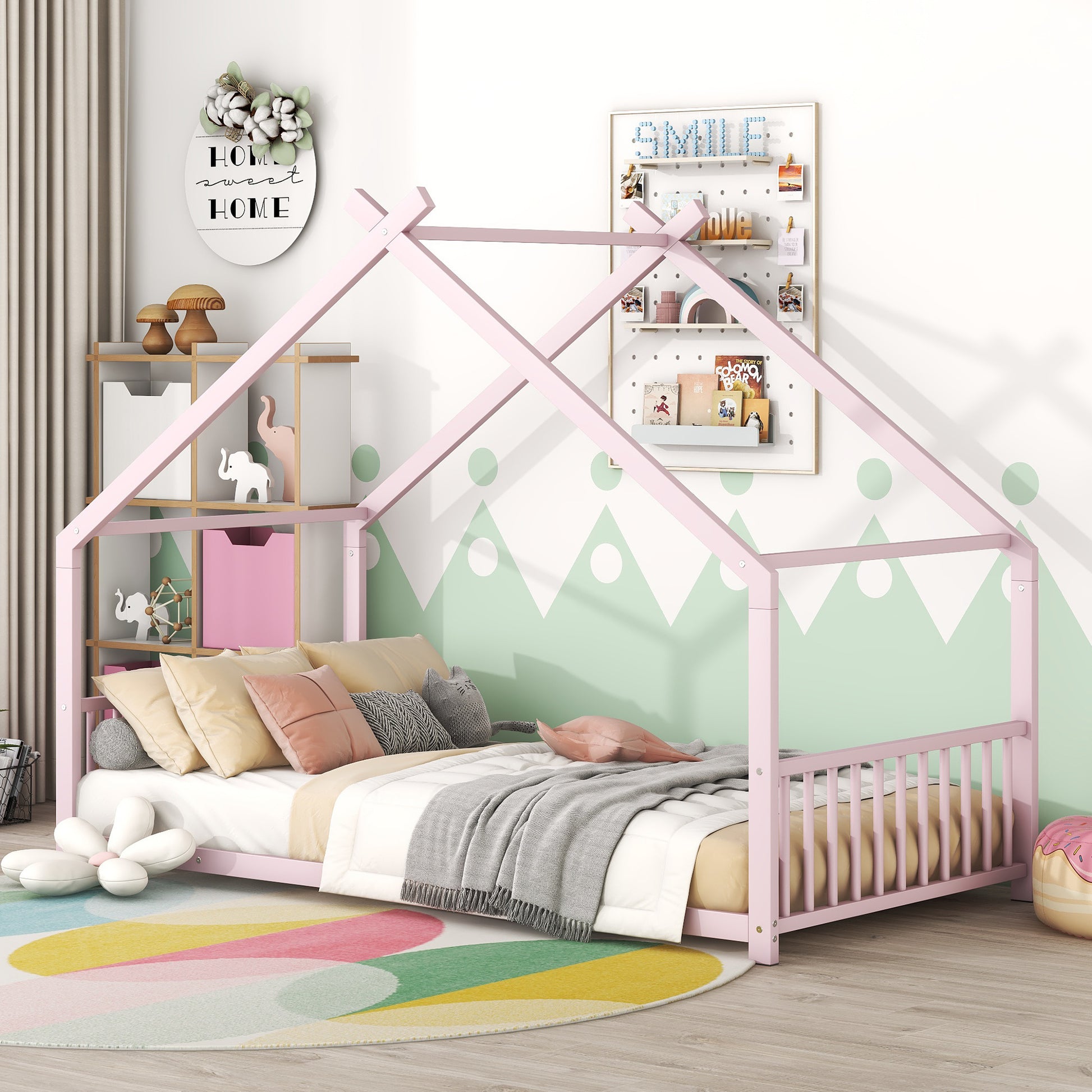 Twin Size Metal House Bed, Pink Pink Metal