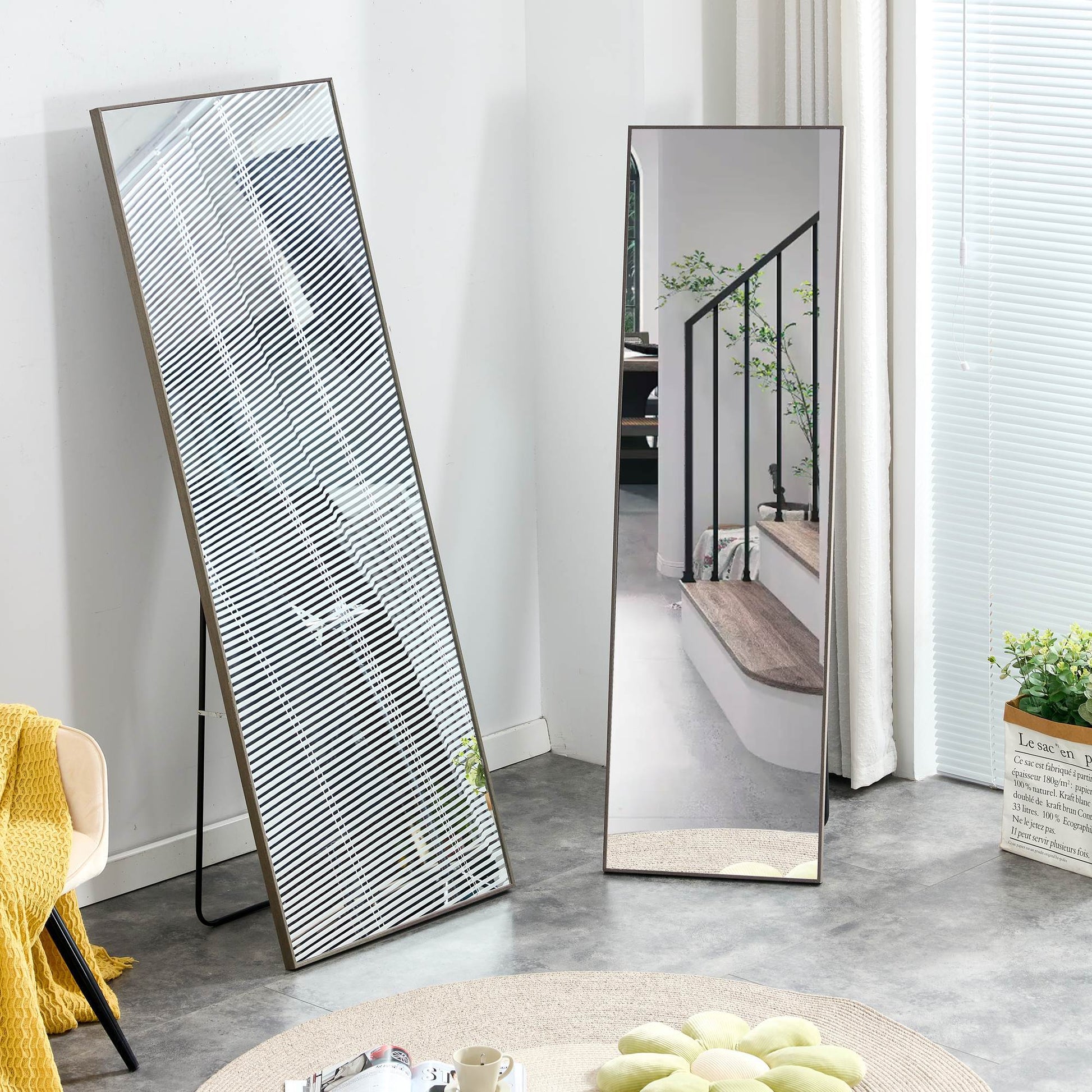 The 4Th Generation Gray Solid Wood Frame Full Body Mirror, Dressing Mirror, Bedroom Porch, Decorative Mirror, Clothing Mirror, Floor Mirror, Wall Mirror. Gray Glass