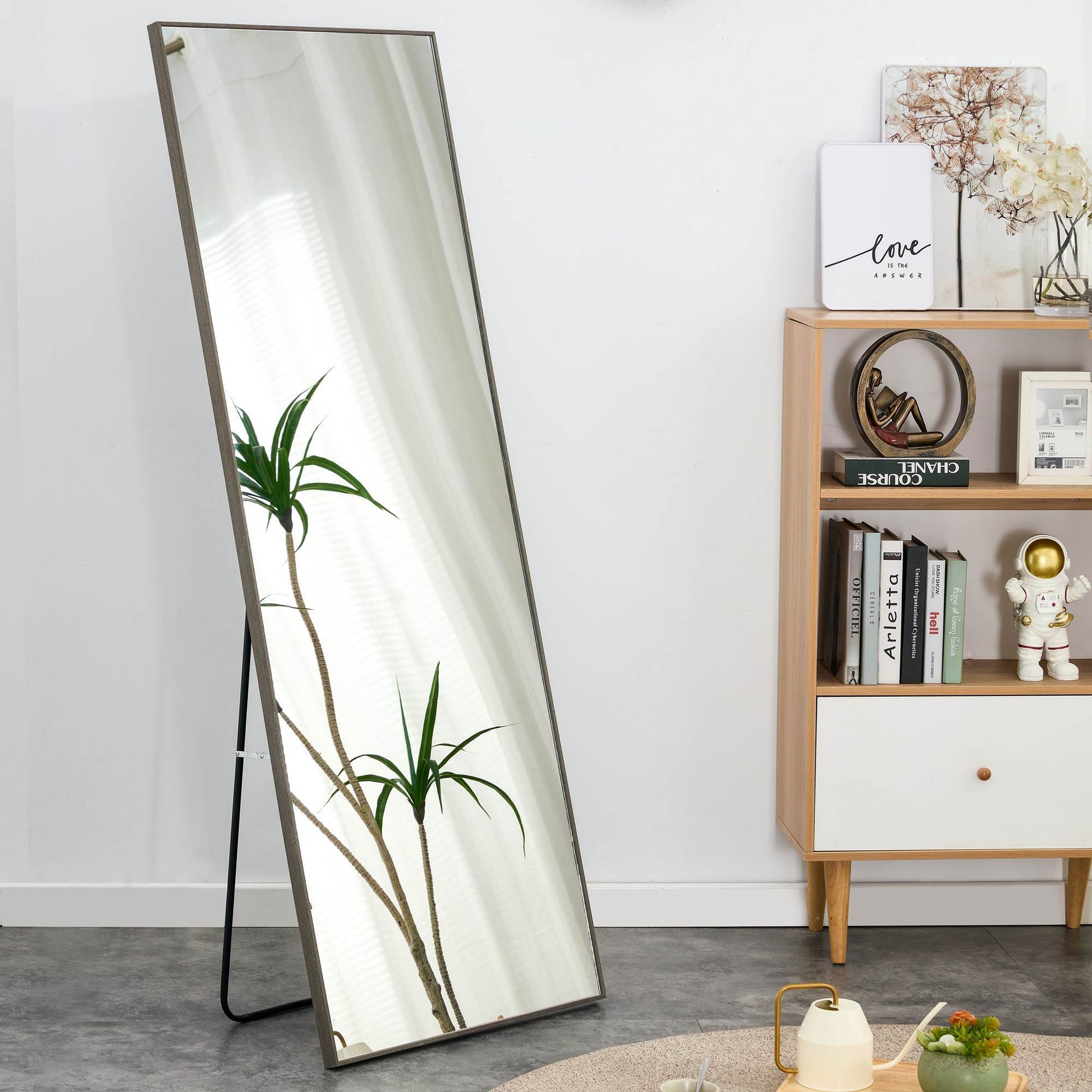 The 4Th Generation Gray Solid Wood Frame Full Body Mirror, Dressing Mirror, Bedroom Porch, Decorative Mirror, Clothing Mirror, Floor Mirror, Wall Mirror. Gray Glass