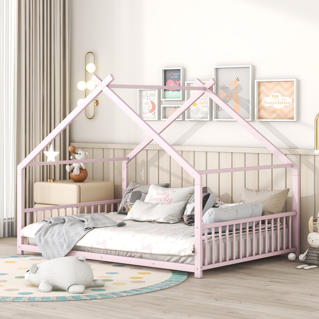 Full Size Metal House Bed, Pink Pink Metal