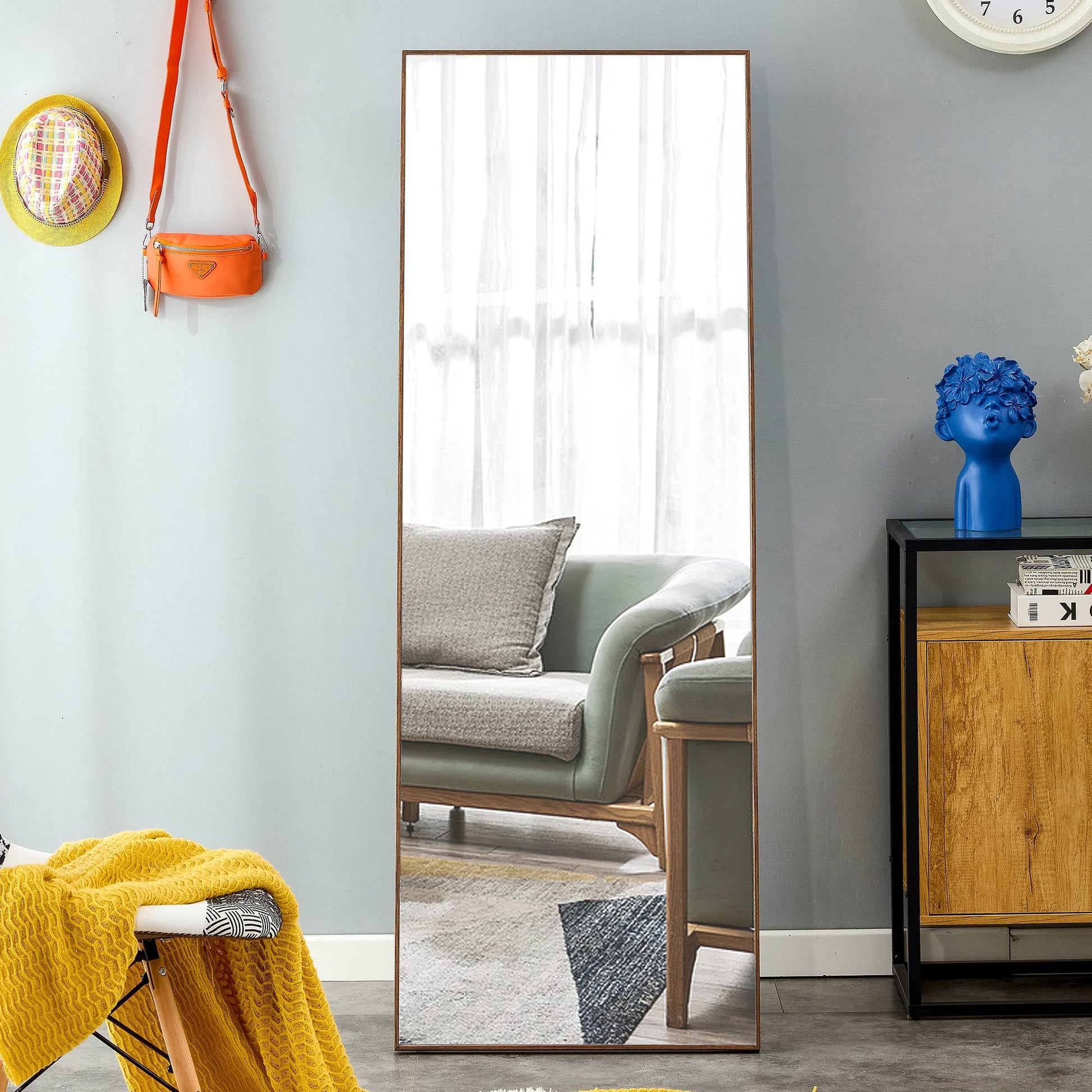 Clean And Beautiful Solid Wood Frame Full Length Mirror, Dressing Mirror, Bedroom Porch, Decorative Mirror, Clothing Store, Floor Standing Large Mirror, Wall Mounted. 65 "* 23" Transparent Glass