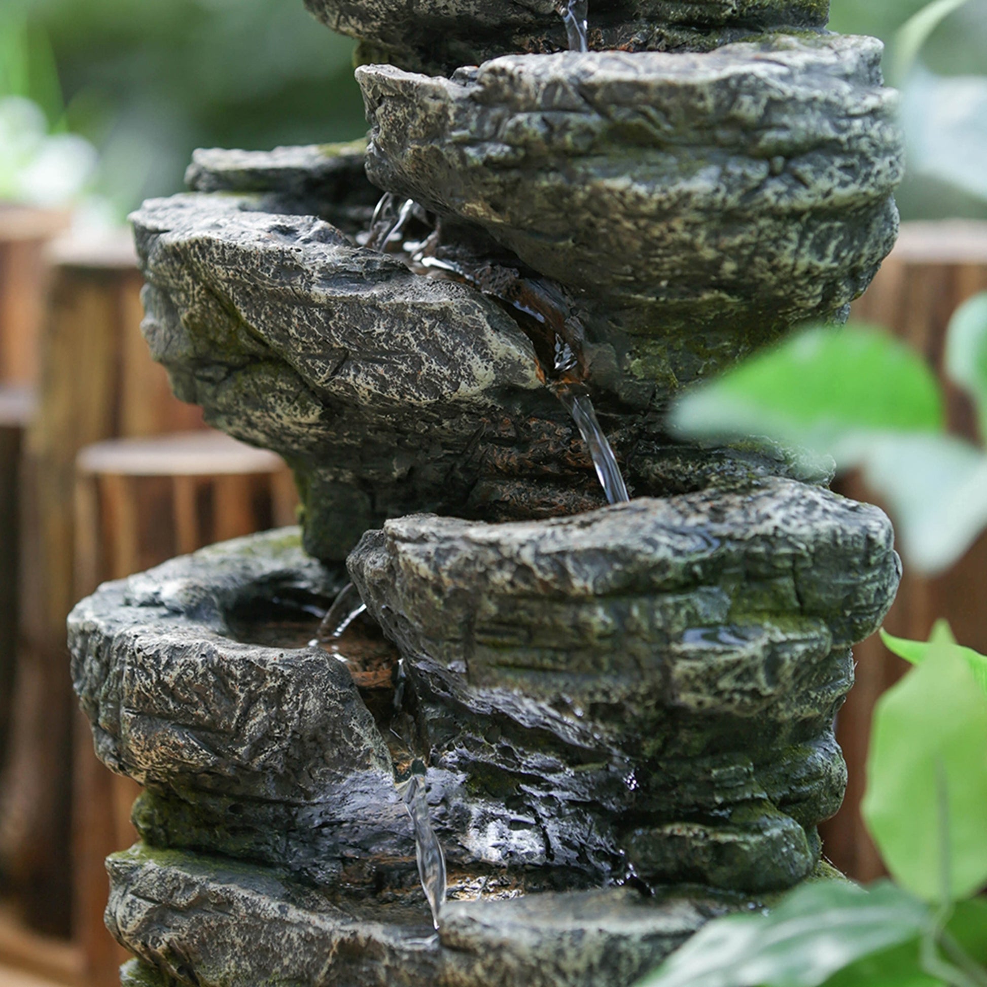 9X5X14" Indoor Gray Stone Look Water Fountain, 7 Tier Polyresin Cascading Rock Tabletop Fountain With Led Light Gray Garden & Outdoor Rustic,Traditional Polyresin