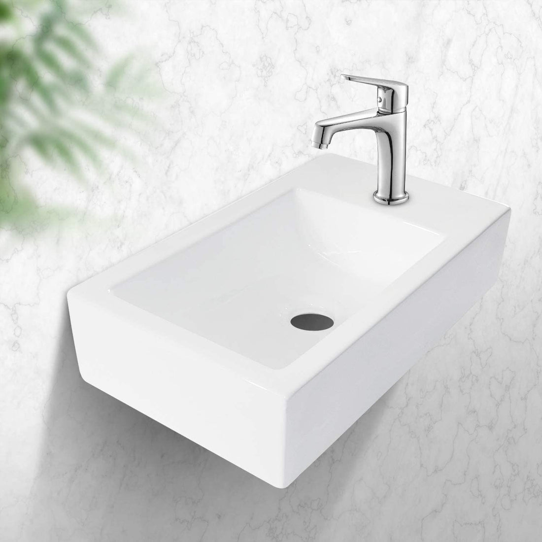 18X10 Inch White Ceramic Rectangle Wall Mount Bathroom Sink With Single Faucet Hole White Ceramic