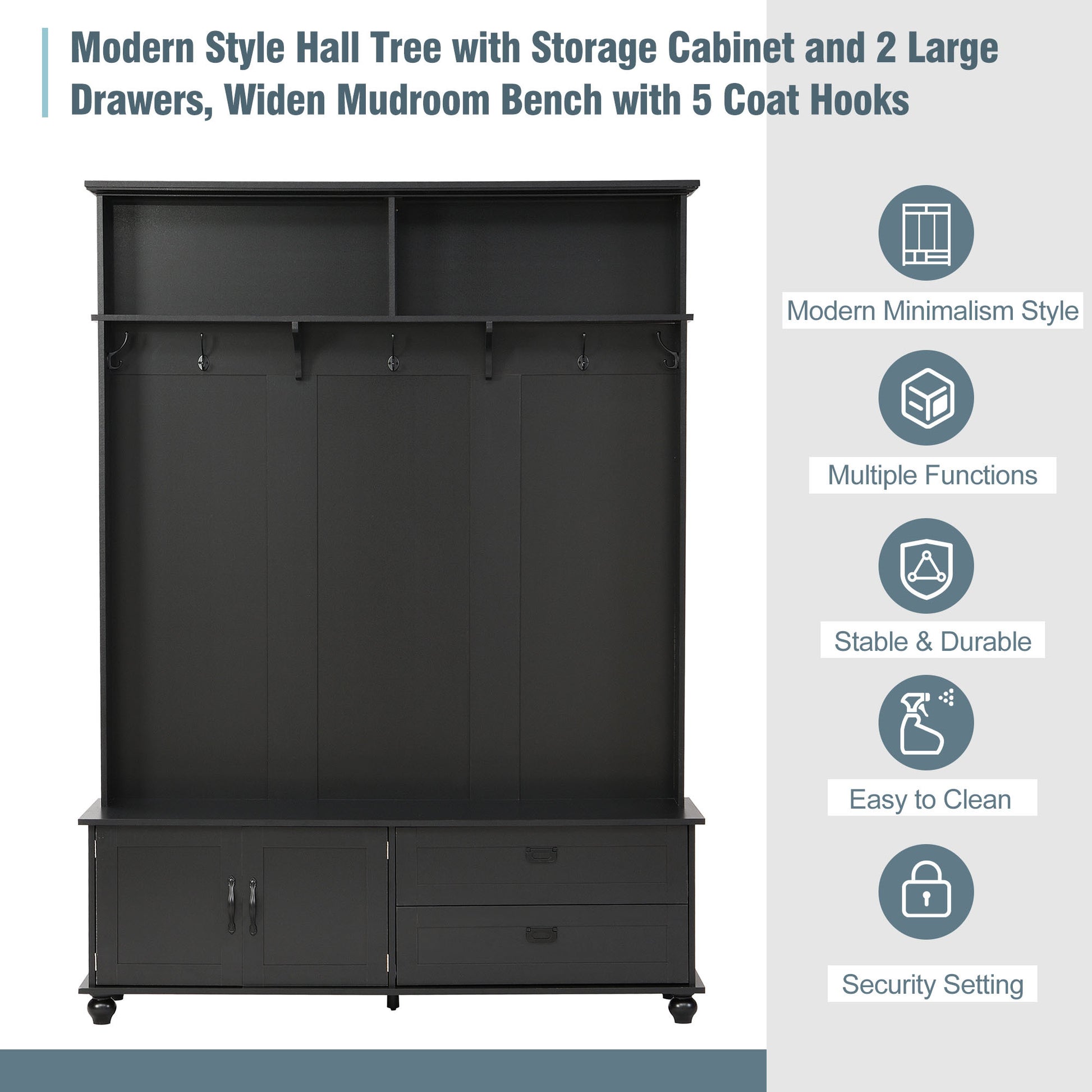 Modern Style Hall Tree With Storage Cabinet And 2 Large Drawers, Widen Mudroom Bench With 5 Coat Hooks, Black Black Primary Living Space Particle Board