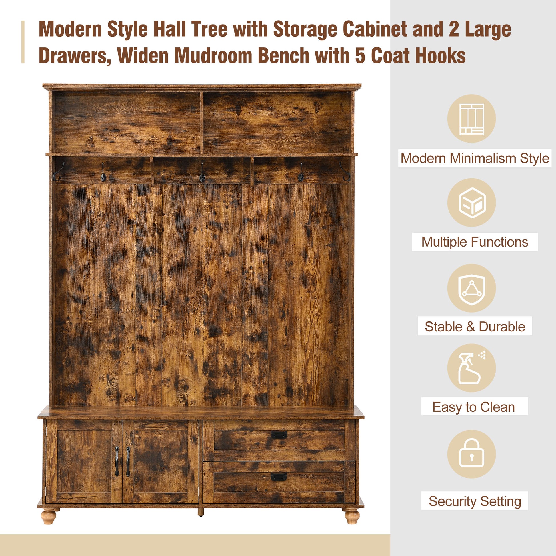 Modern Style Hall Tree With Storage Cabinet And 2 Large Drawers, Widen Mudroom Bench With 5 Coat Hooks, Rustic Brown Rustic Brown Primary Living Space Particle Board