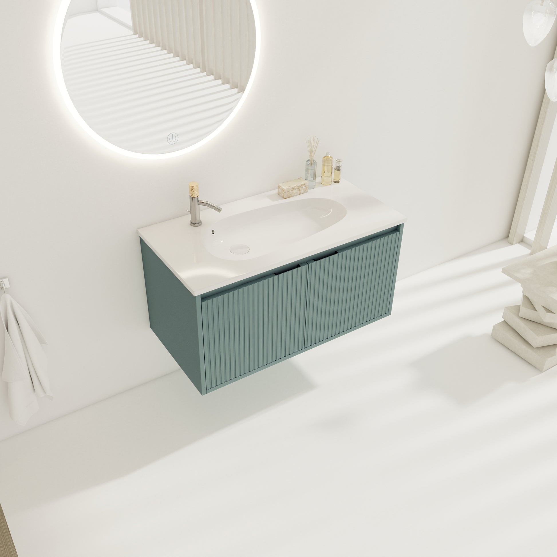 36" Floating Bathroom Vanity With Drop Shaped Resin Sink Green 2 Bathroom Wall Mounted Modern Plywood