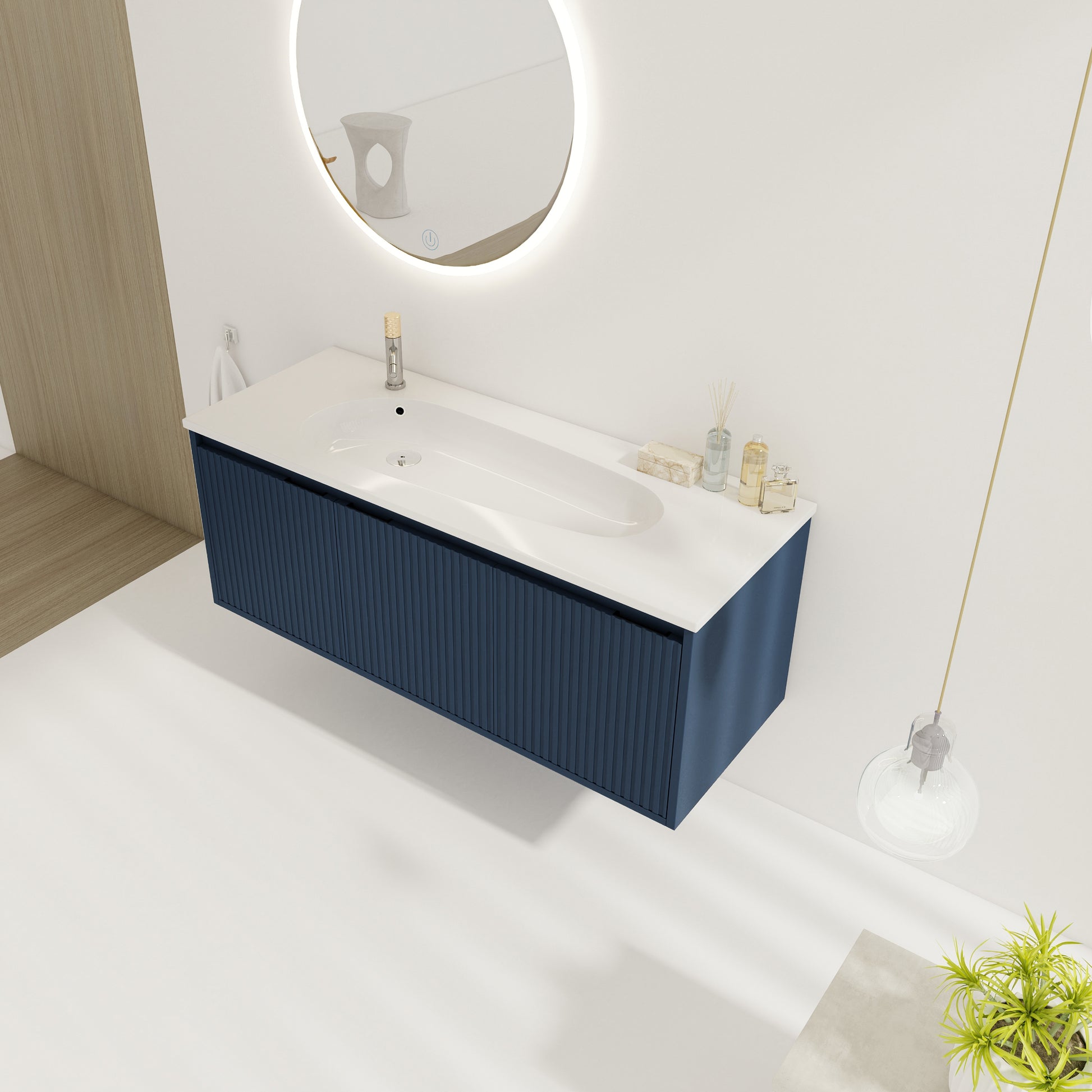 48" Floating Bathroom Vanity With Drop Shaped Resin Sink Navy Blue 3 Bathroom Wall Mounted Modern Plywood