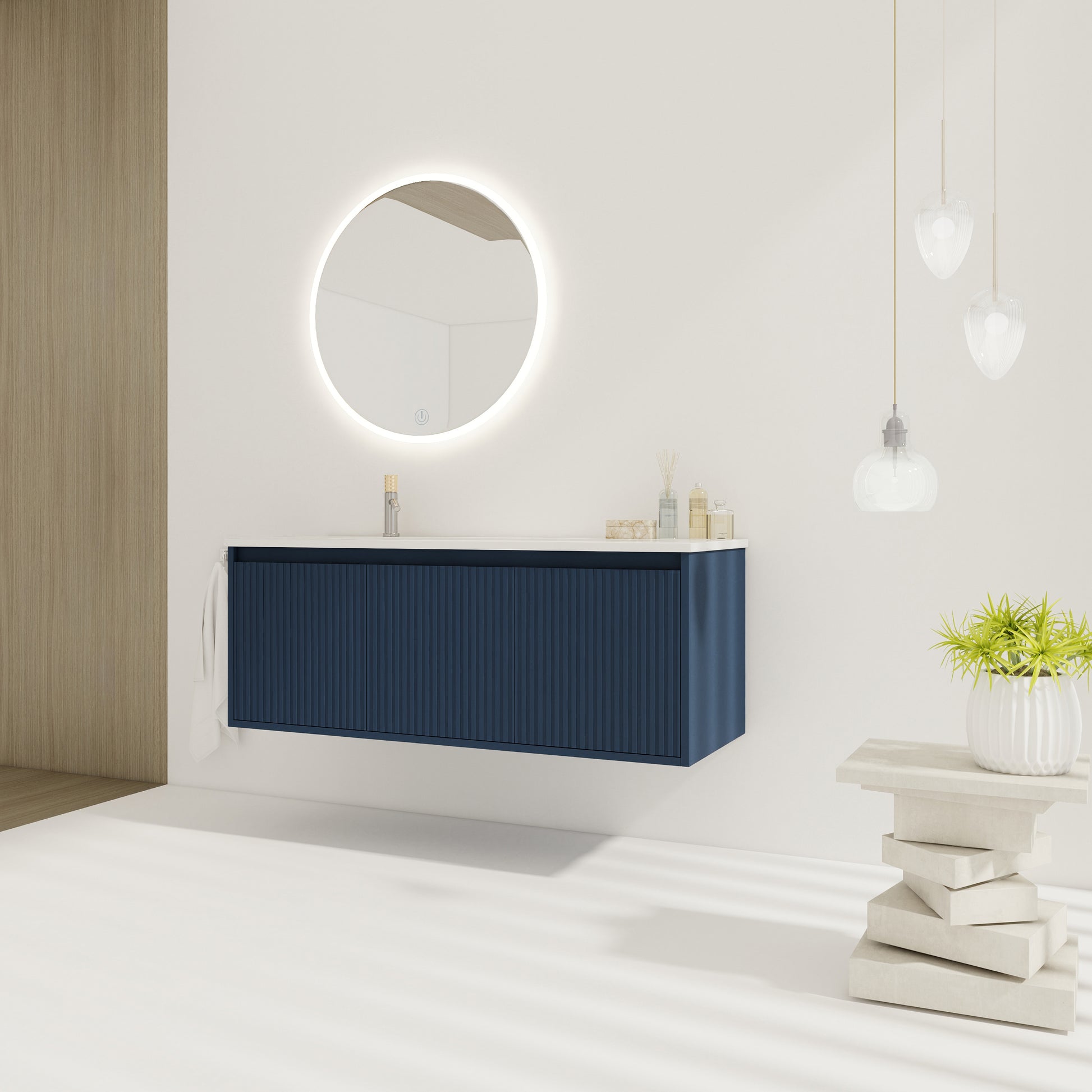 48" Floating Bathroom Vanity With Drop Shaped Resin Sink Navy Blue 3 Bathroom Wall Mounted Modern Plywood