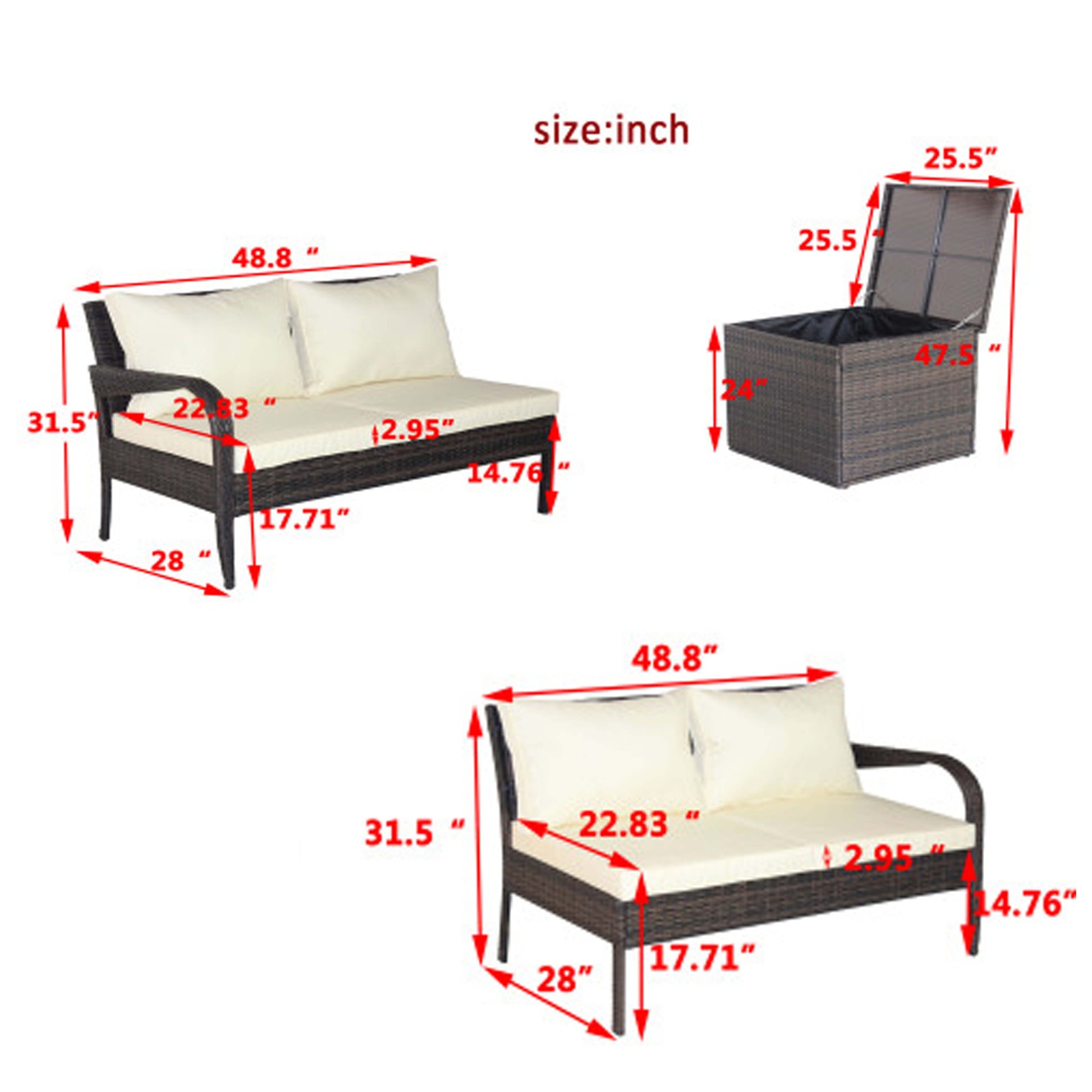 3 Piece Patio Sectional Wicker Rattan Outdoor Furniture Sofa Set With Storage Box Brown Brown Steel