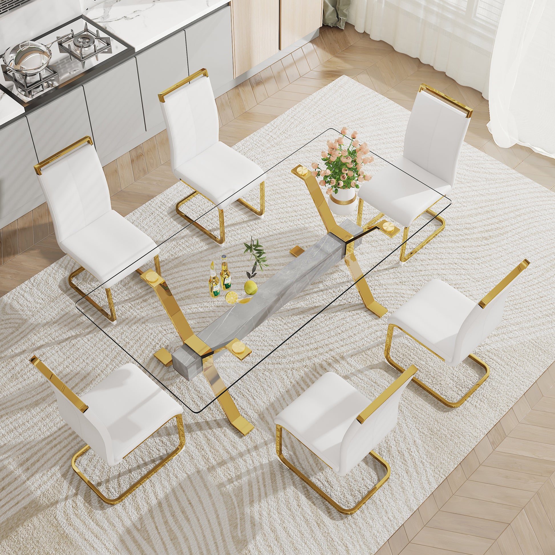 1 Table And 6 Chairs. Modern, Simple And Luxurious Tempered Glass Rectangular Dining Table And Desk With 6 White Pu Gold Plated Leg Chairs 79''X39''X30'' Transparent Glass