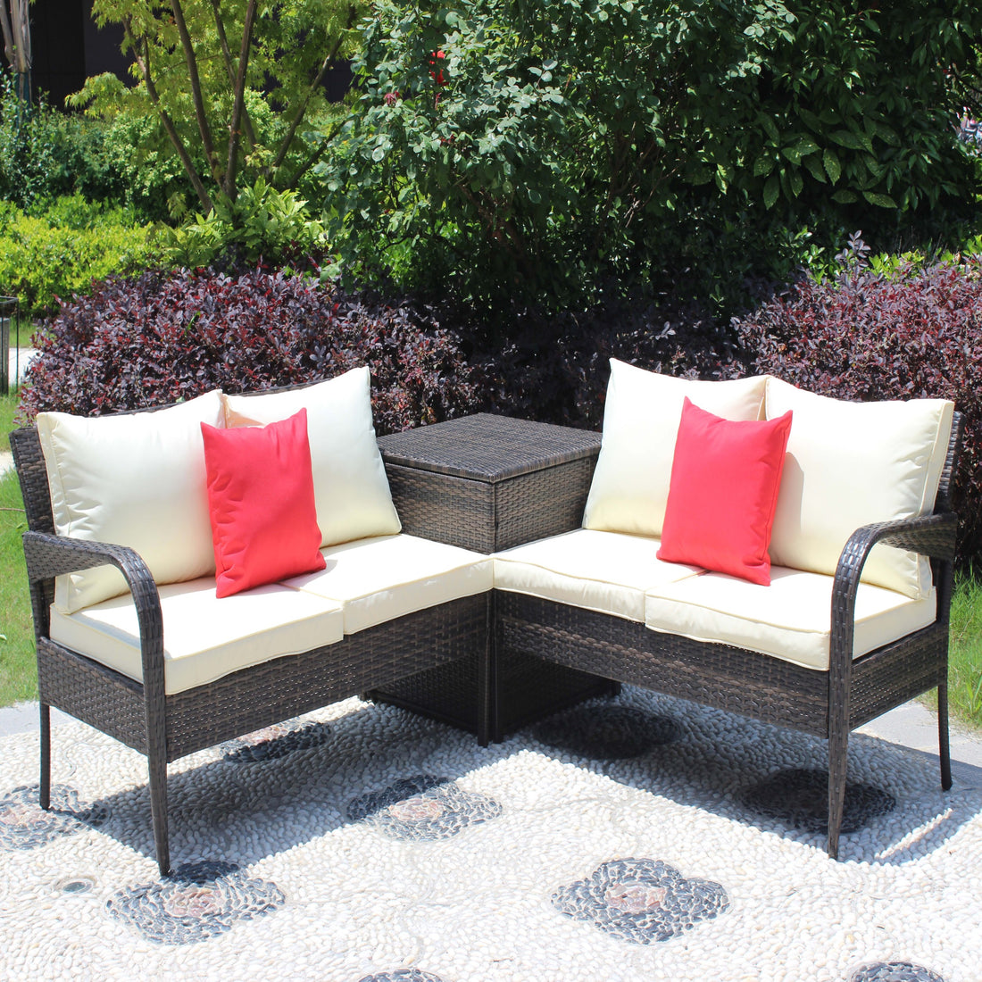 3 Piece Patio Sectional Wicker Rattan Outdoor Furniture Sofa Set With Storage Box Brown Brown Steel
