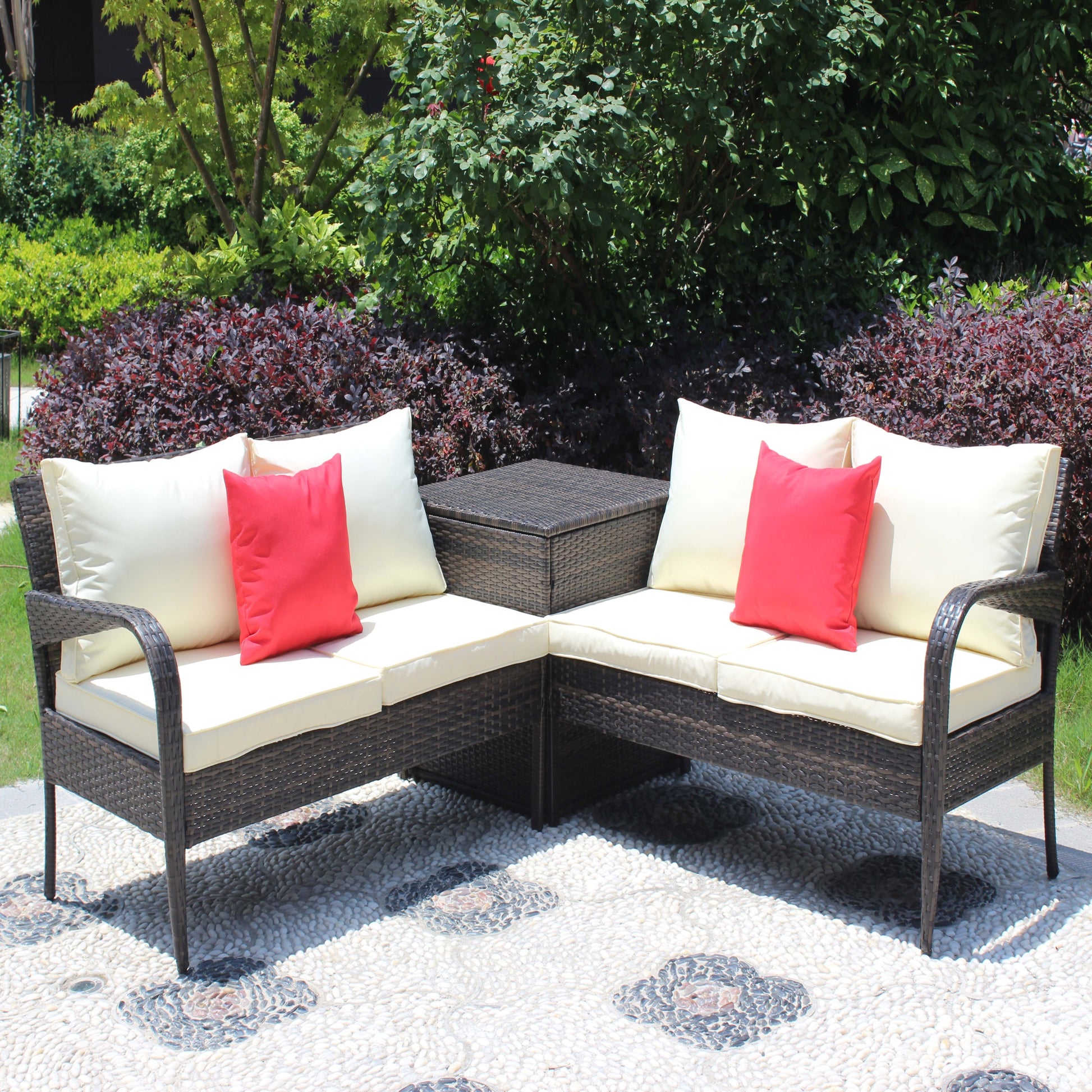 3 Piece Patio Sectional Wicker Rattan Outdoor Furniture Sofa Set With Storage Box Brown Brown Steel